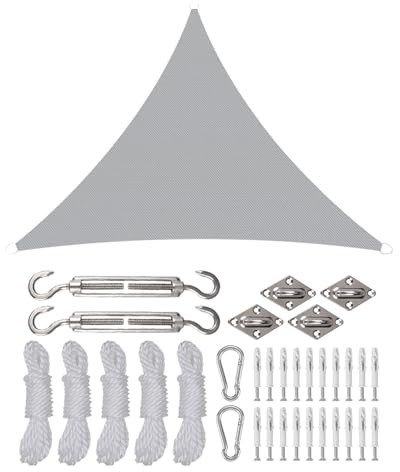 Rantizon Toldo Vela de Sombra Triangular 3×3×3m, toldo Vela Impermeable Exterior con Kits de Montaje, Protección Rayos UV y HDPE Transpirable, para Exteriores, Jardines, Patios, Gris