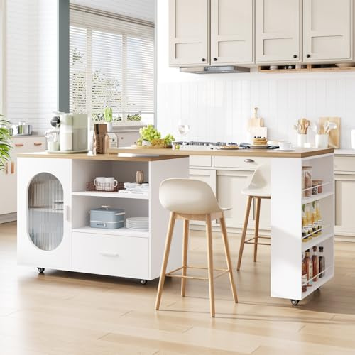 IBF White Modern Kitchen Island on Wheels, Rolling Kitchen Storage Trolley with 360° Rotating Wooden Worktop, Cabinet, Drawer &Spice Rack, Mobile Kitchen Cart for Living Dining Room, Home, Bar, 184cm