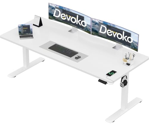 Devoko Höjdjusterbart Skrivbord med USB-uttag, Stående Säte, Vit + Vit, 180 x 80 cm