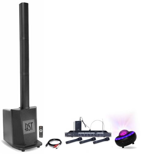 Ibiza - Pack Sono DJ Karaoke Enceinte Colonne avec Caisson 480W RMS 10/25cm BST MEGAMAX-Tower - 4 Micros sans Fil - Enceinte LED Nebula