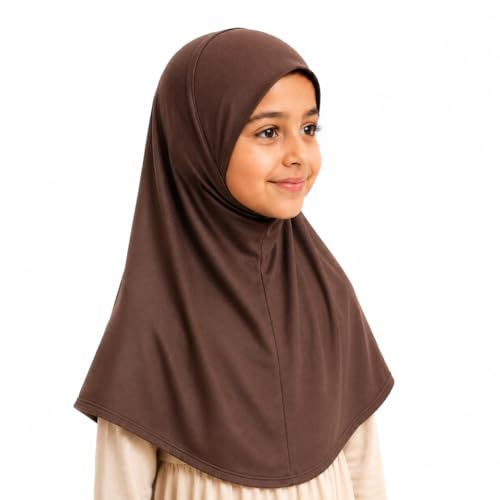 Yaqeen Girls instant headscarf hijab plain al Amira age 5-11, readymade pull on scarf, ideal for any occassion school/nursery (Brown)