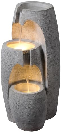 Teamson Home Garden Outdoor Water Feature Modern 3-Tier Cascading Urn Water Fountain With LED Lights Grey | Cascading Feature