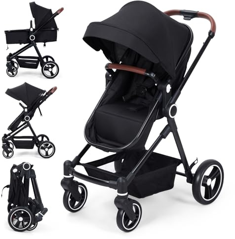 Cochecito Bebé 2 en 1, Silla de Paseo Ultracompacta, Cochecito Ligero, Reversible, Sistema de Viaje, Plegable con Un Solo Clic, para Recién Nacido hasta 3 Años (Negro)