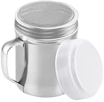 Ahuuen Powdered Sugar Shaker Duster Stainless Steel - Fine Salt Shaker with Dust-Proof Lid | Dispenser Jar with Handle for Flour Coffee Sugar Baking Travel Table Kitchen Bar