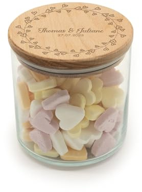GRAVURZEILE Vorratsglas mit graviertem Holzdeckel - Kranz Herzen - Personalisiert mit Name & Datum - Keksdose Bonbonglas mit Deckel - Vorratsdose - Geschenk für Paare - 530 ml