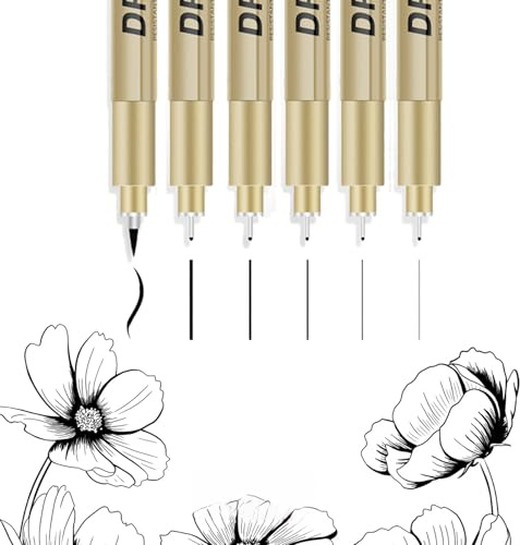 6 Pcs Fineliner Pens, Micron Pens Set, Waterproof Fine Liner Pens Black, Varying Line Widths Drawing Pens for Professional Technical Marker Watercolour Sketching Manga Anime Gifts