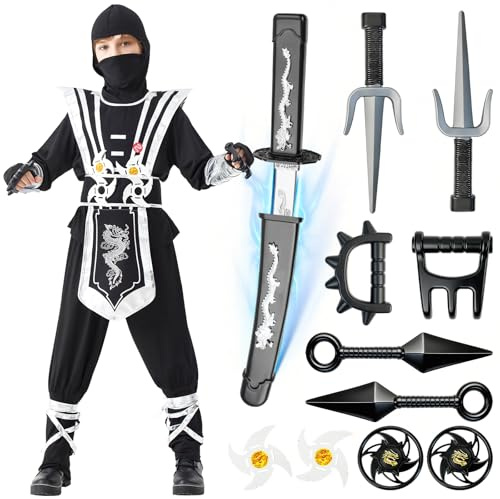 Lubolee Costume Ninja per Bambini con Abito Ninja e Armi Vari, Costume Ninjago per Bambini con Motivo Drago, Ideale per Carnevale, Halloween & Cosplay (L)