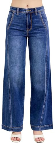 Sidefeel Women's High Waisted Mom Jeans Stretchy Straight Leg Side Seam Denim Pants with Slanted Pockets Size 10 Dark Blue