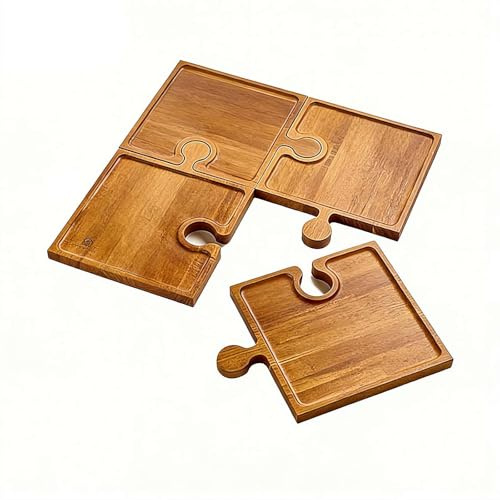 Puzzle Charcuterie Board Set of 4 - Interlocking Bamboo Cheese Boards with Handles and Storage Box, Puzzle Charcuterie Boards that Form One Large Serving Tray for Entertaining and Party Platters