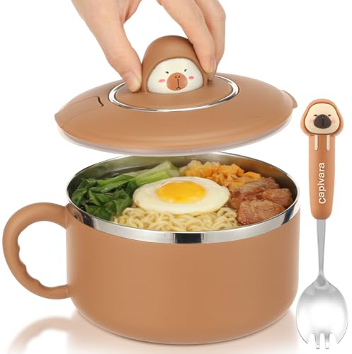 Ramenskål med lock, 1 200 ml, omedelbar nudlar skål av rostfritt stål med lock och sked, bärbar ramenskål med handtag, för nudlar, pasta, frukt, pastasallad och risskål (brun)