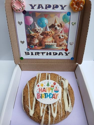 DOG BIRTHDAY CAKE BISCUIT TREAT DRIZZLED WITH DOG SAFE DOG CHOC WITH AN EDIBLE HAPPY BIRTHDAY TOPPER PRESENTED IN A GIFT BOX