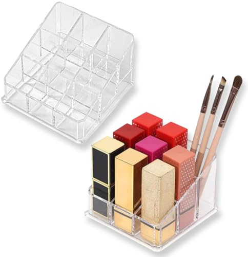 TARGONIX 2 unidades de organizador de labios con 9 compartimentos de acrílico transparente, brillo de labios y lápiz labial, almacenamiento para tocador, baño y organización de cosméticos