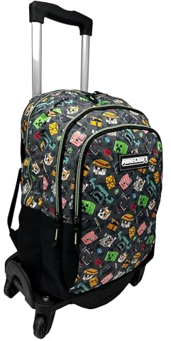ToyBags Mochila Escolar Minecraft Pixel 25 Doble Compartimento Adaptable con Carro Negro con Protección Lateral y Stoper Frontal Anti Caída 4 Ruedas Giratorias 44 x 30 x 20 cm