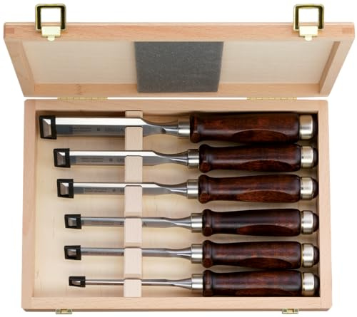 ULMIA Stechbeitelsatz mit 6 Stechbeitel Nr. 167 Größe 6, 10, 12, 16, 20, 26 mm (brauner Griff), in Holzkasette, 178HK