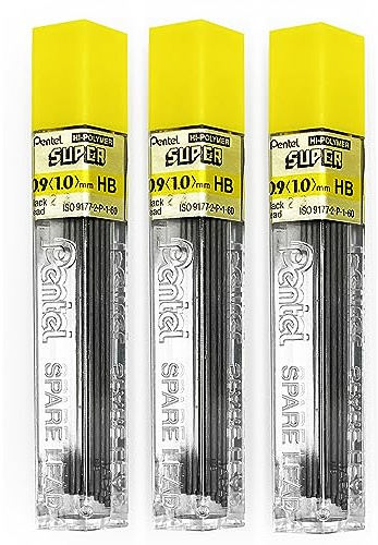 Pentel, mine per matita da 0,9 mm, durezza HB, in alto polimero, per matite a scatto e meccaniche (confezione da 3 tubetti, 45 pezzi)