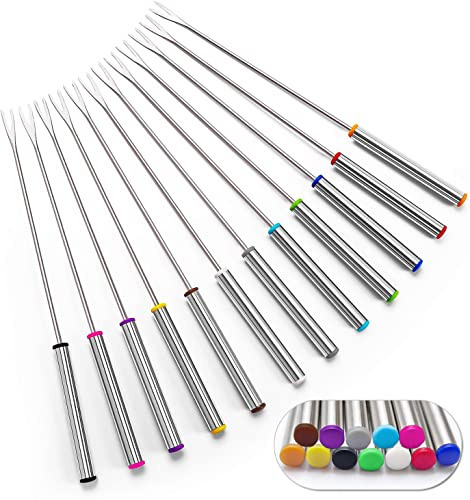 Set of 12 Stainless Steel Fondue Forks 9.5, Color Coded Cheese Fondue Forks Smores Sticks with Heat Resistant Handle for Chocolate Fountain Cheese Roast Marshmallows Dessert Fruits