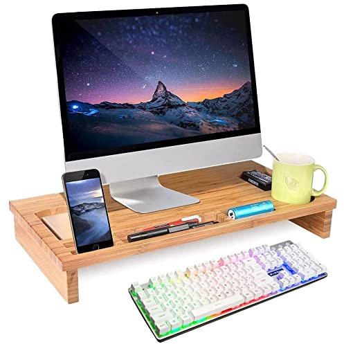 BAKAJI Stand Supporto Monitor Laptop Notebook Bamboo Porta Monitor in bambù con Organizzatore Spazio di Archiviazione per Tavolo Scrivania (60 x 30 x 8,5 cm)