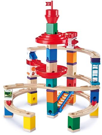 Hape Quadrilla Super Spiralburg | Murmelbahn aus Holz Erweiterungsset mit Spiralkreiseln, Einer Xylophon-Schiene und Spirale für Kinder ab 4 Jahren