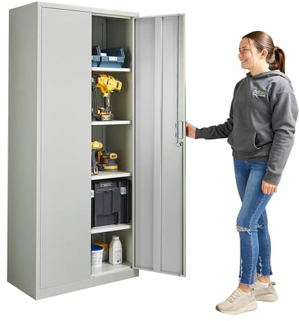 Metal Storage Cabinet, Lockable 2 Door Metal Cupboard with 4 Adjustable Shelves, for Warehouse, Office, Home, Garage, 185cm Tall, Grey Steel, Easy Assembly