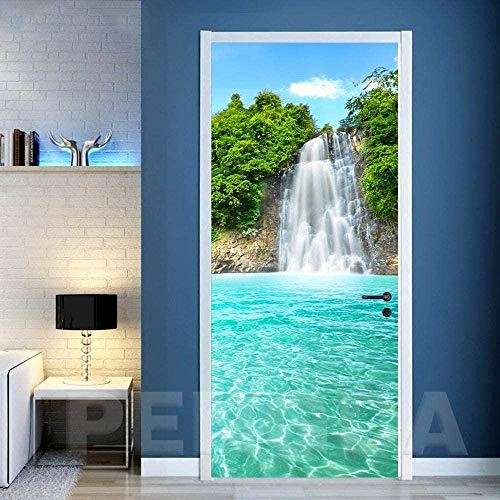 3D Verschönern Türaufkleber Tür Tapete -Wasserfall Baumlandschaft Türtapete Selbstklebend TürPoster - Fototapete Türfolie Poster Tapete Meer Aufkleber DIY Selbstklebende Wandbild-2Stück,47.5x215cm
