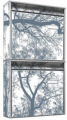 banjado Briefkastenanlage 2 Fach - 2 Briefkästen 36x64x10cm groß - Doppelbriefkasten Set - Namensschild, 2 Schlüssel, Montagematerial - Stahl verzinkt Silber - Motiv Wald Bäume