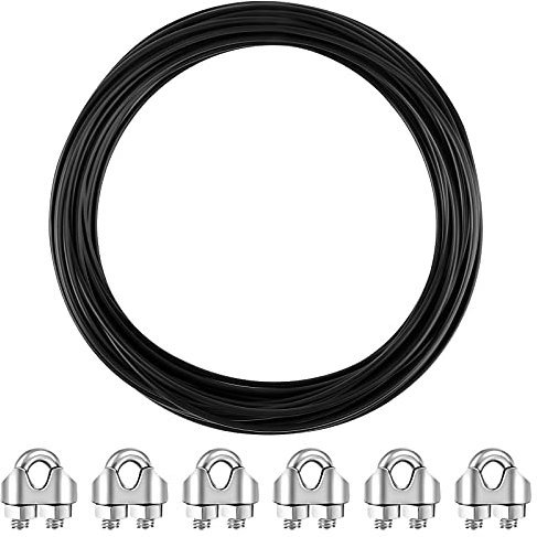 15M Cuerda de Alambre de Acero Inoxidable, Cuerda de Acero de 3 mm con 6 Piezas, Abrazadera de Cable de Alambre M3, Tendedero de Cable de Acero Revestido de Pl¨¢stico para Ropa (Negro)