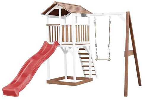 AXI Beach Tower Spielturm aus Holz in Braun & Weiß | Spielhaus für Kinder mit roter Rutsche, Schaukel und Sandkasten | Stelzenhaus für den Garten