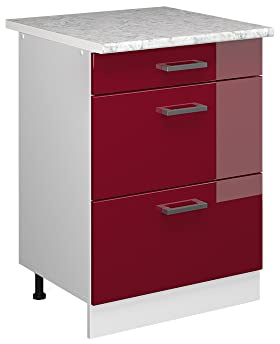 Vicco Küchenunterschrank R-Line, Rot Hochglanz, 60 cm | 3 Schubladen · AP Marmor inkl. · Höhenverstellbare Füße · ✓ Leichter Zugriff · ✓ Frei kombinierbar