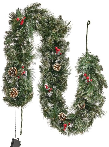 Künstliche Weihnachtsgirlande Grün mit LED 180 cm Tannenzapfen und Beeren Wapta