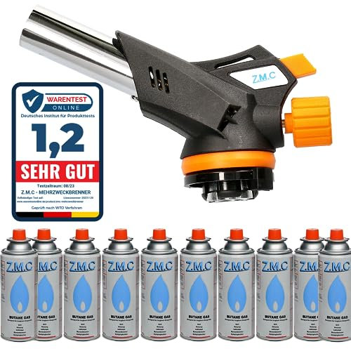 Z.M.C Gasbrenner 1,3kW mit 10 Gaskartuschen 227g, Flambierbrenner bis 1300°C, Küchenbrenner & Bunsenbrenner, Schweißbrenner Lötbrenner mit einstellbarer Flamme, ideal für Küche, Camping & Handwerk