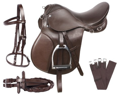 SHOWMEN CRAFT Braunes Leder-Set für Anfänger, englisches Pferd, Zaumzeug, Zügel, Gurt, Steigbügel Eisen