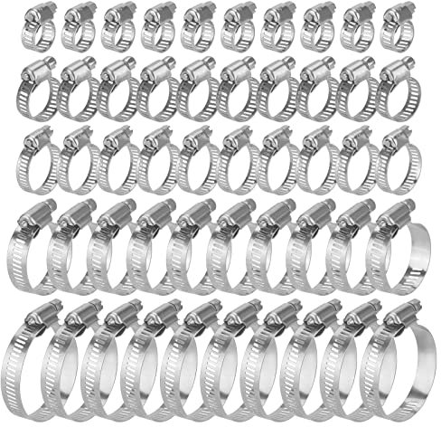 JAPCHET 100 PCS Hose Clips Set, 5 Sizes Adjustable 6-51mm Pipe Hose Clamp, Stainless Steel Worm Drive Clips for Pipe Hose