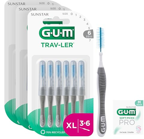 GUM TRAV-LER Interdentalbürsten | für gründliche Reinigung zwischen den Zähnen | flexibler Griff | Zahnreinigung und Plaque Entfernung | 2.0mm, ISO 6 | Größe XL | 3x6 Packung (mit einer Bonus-Probe)