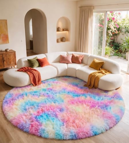 MARATIP Rund matta med lång lugg, modern matta, för vardagsrum, sovrum, matsal eller barnrum, mjuk och fluffig matta för sovrummet (regnbåge, 120 cm rund) | Halkfri matta, maskintvättbar, mjuk tjock hög sängmatta, lurviga mattor för barn sovrum, barnkammare