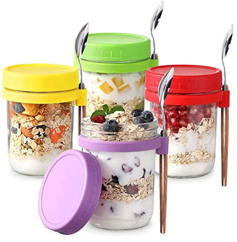 mumisuto 4 Pack Overnight Oats Gläser, 500ml Mason Jar mit Deckel & Löffel, Mehrzweck Overnight Oats Behälter, für Salat Joghurt Pudding Chutney Marmelade,Wiederverwendbare Müslibecher