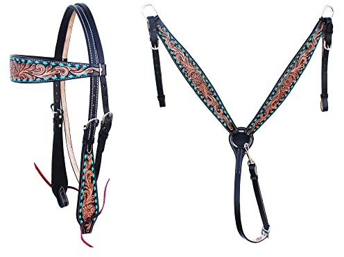 Western Horse Headstall Bridle Breast Collar Tack Set Leather Floral Tooled Handmade Full Cob Pony Breastplate ME-HBC-031C (Full)