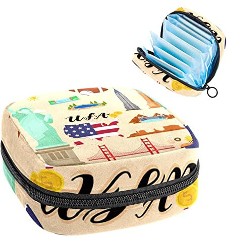 Perioden-Tasche, tragbare Tampon-Aufbewahrungstasche für Damenbinden, Tourist United State of America USA Reisemuster, Mehrfarbig, 4.7x6.6x6.6 in/12x17x17 cm