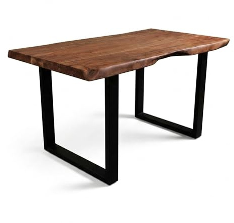 SAM Baumkantentisch Cali 140 x 80 cm, Akazienholz massiv nussbaumfarben, 50 mm Tischplatte, Esstisch mit U-Metallgestell Schwarz, Industrial-Design