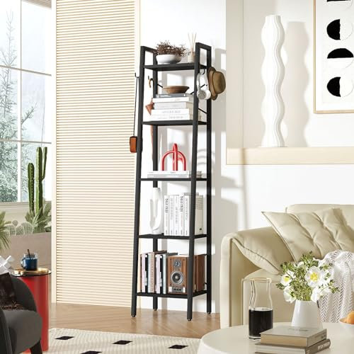 YMYNY Bücherregal, Leiterregal, DIY Standregal 5 Ebenen, Stabilen X-Metallrahmen, Industriestil, Multifunktionales Holz Regal für Wohnzimmer, Büro, Balkon, Schwarz HBC025B