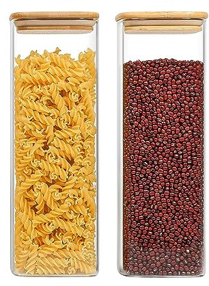 Keyoung 2 Stück Vorratsdosen Glas mit Deckel, 2300ml Großes Glasdosen Eckig, Versiegelte Frischhaltedosen Küche Schüttdose mit Holzdeckel, für Lange Lebensmittelfrische, Mottensicher