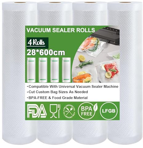 Omtofo Vakuumierbeutel 4 Rollen Vakuumierfolie, 28 x 600cm Vakuumbeutel Lebensmittel, BPA-frei, reißfest, 150µm, Vakumierfolienrolle für alle Vakuumierer, Mikrowellen and Sous Vide
