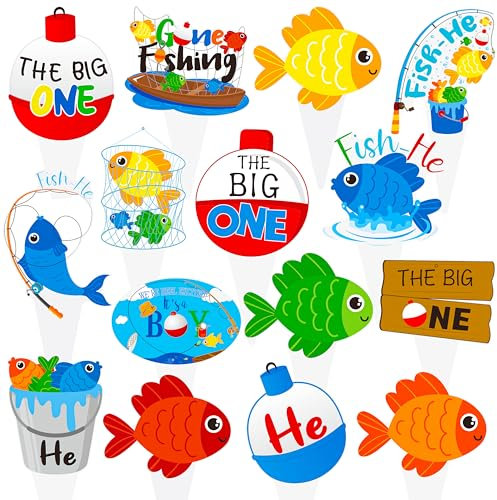 48pcs Gone Fishing Party Cupcake Toppers