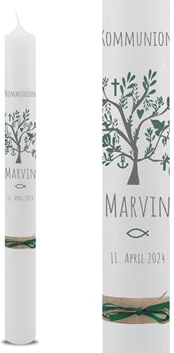 VILLA ROSA LOTTA – Personalisierbare Kommunionkerze Taufkerze „Marvin“ mit Wunschdaten und Rückseite | Lebensbaum Motiv | 40 cm x 4 cm | für Jungen und Mädchen | Altarkerze elfenbein