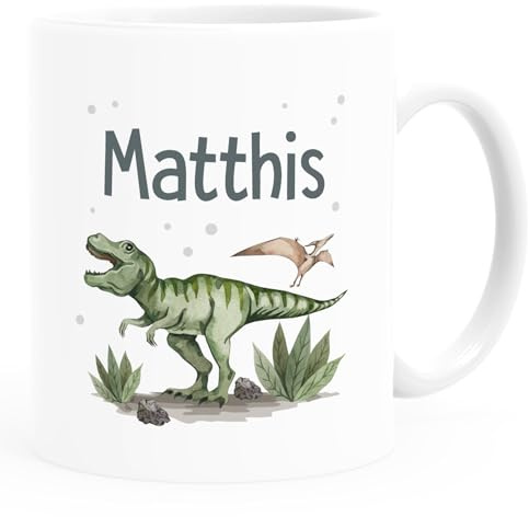 SpecialMe® Kindertasse Dino mit Namen personalisiert Dinosaurier Keramik Namenstasse für Kinder Jungen Mädchen Weiss standard