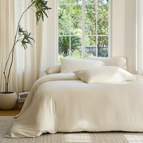DOZ Duvet Cover Set, 100% Viscose derived from Bamboo, Organically Grown, Buttery Soft, Cooling Duvet Covers, High GSM, 1 Duvet Cover and 2 Pillowcases, 90x90 (Ivory, Full/Queen)