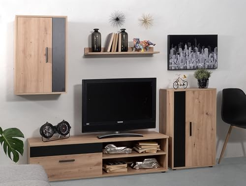 Homely® - Mueble de Salón Modular Ibiza Black | Conjunto 4 Muebles | Muebles Salón Completo | Mueble para Televisión + Mueble Bajo + Mueble Alto + Estantería Alta | Color Roble Nudoso y Negro
