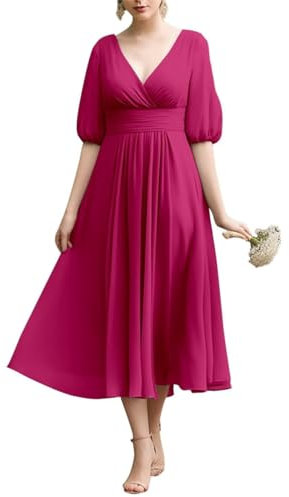 Vestido de dama de honor de manga corta de gasa para mujer con bolsillos, largo hasta el té, vestidos de baile formales para invitados de boda, fucsia, 42