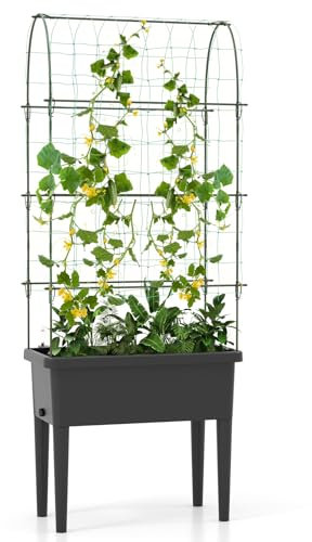 RELAX4LIFE 35L Letto da Giardino Rialzato, Vaso Auto-irrigante con Grigliato a Forma di U, Gambe Staccabili, Fioriera Rialzata con Traliccio per Piante Rampicanti, Erbe Aromatiche, Fiori, Verdure