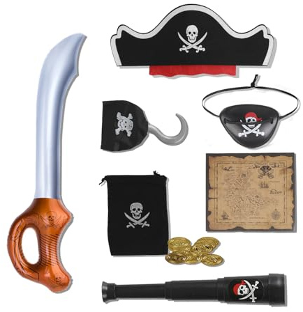 DERAYEE 17PC Piraten Kostüm zubehör,Piratenhut Augenklappe Fernrohr Piratensäbel Totenkopfbeutel Schatzkarte Goldenen Münzen für Erwachsene,Kinder,Jungen und Mädchen,Halloween, Karneval,Cos,party