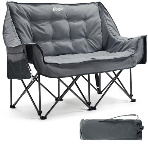 Portal Campingstuhl faltbar 2 Personen Doppel Klappstuhl Camping Faltsofa 272kg belastbar Super Weich Campingsofa mit Lagerungstasche Dick Gepolstert Hohe Rückenlehne für Outdoor Garten Balkon